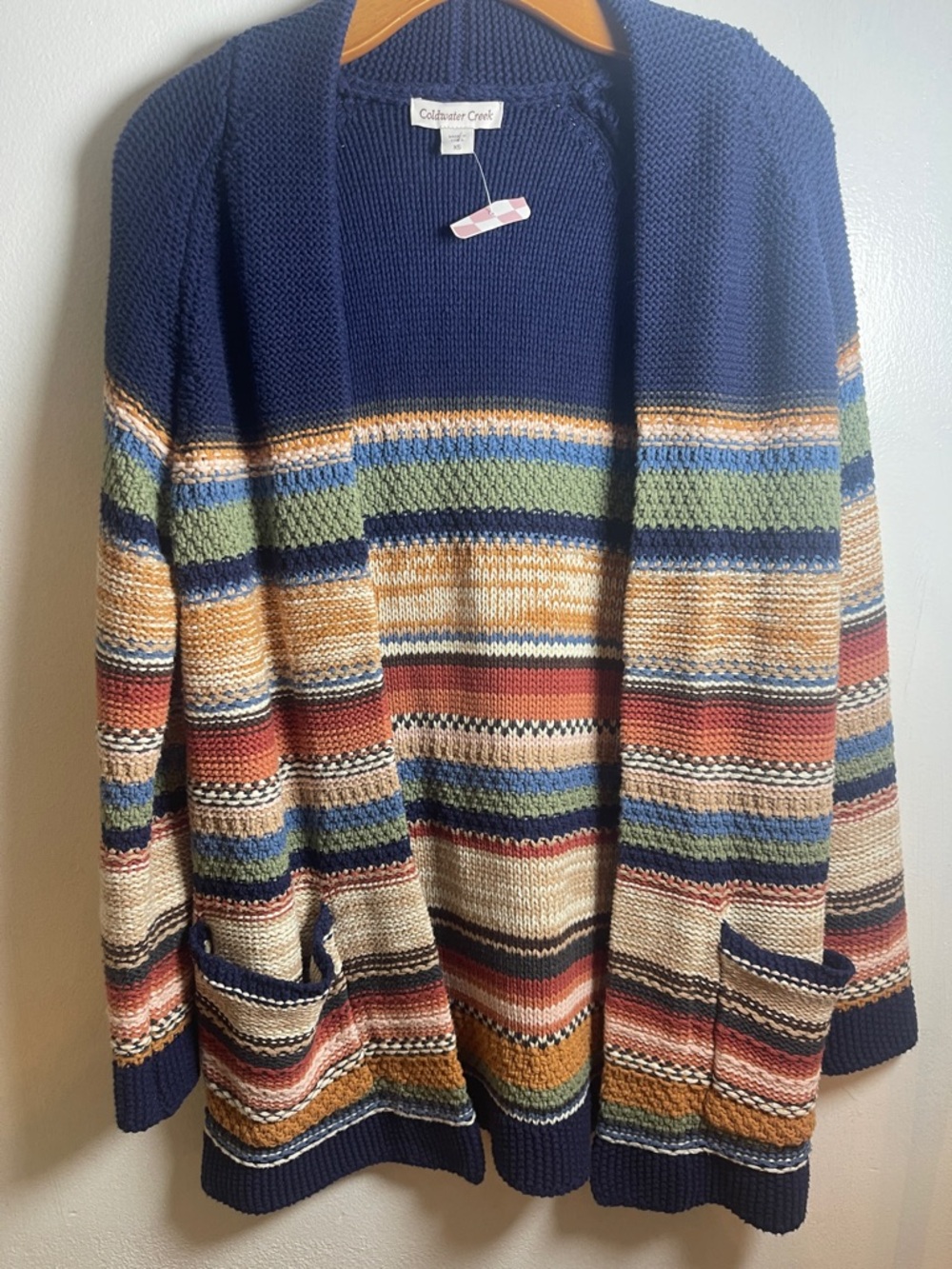 Coldwater Creek Navy Multi-Stripe Open Cardigan Size: XS